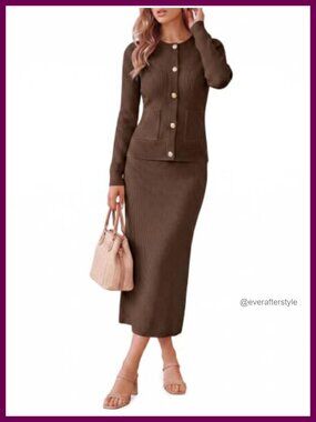 Women's 2 Piece Knit Cardigan and Maxi Skirt Set Button Down Crewneck
